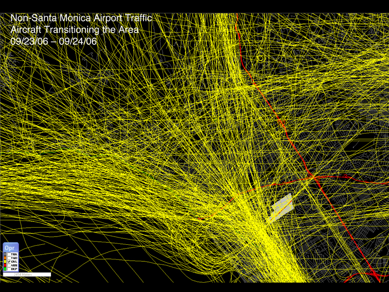 The yellow lines represent all non-Santa Monica Airport traffic flying below 5,000 feet during a weekend in September. The bottom left represents Pacific Palisades. This graphic was provided by Santa Monica Airport.